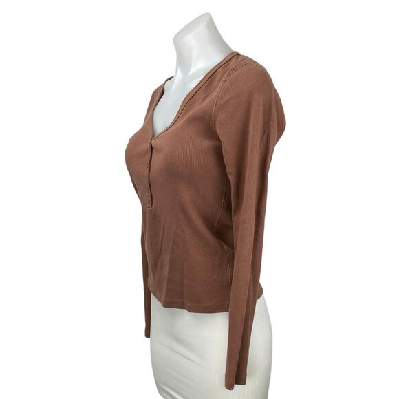 Abercrombie & Fitch Women's Brown Rib Knit Henley Long Sleeve Crop Shirt Top M - Picture 2 of 5